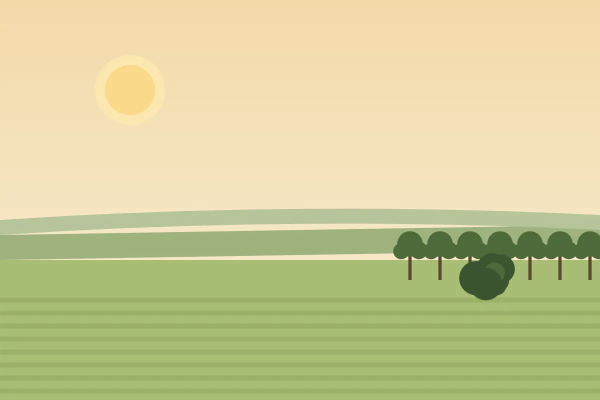 Flat farmland with a tree line and the river levee in the distance