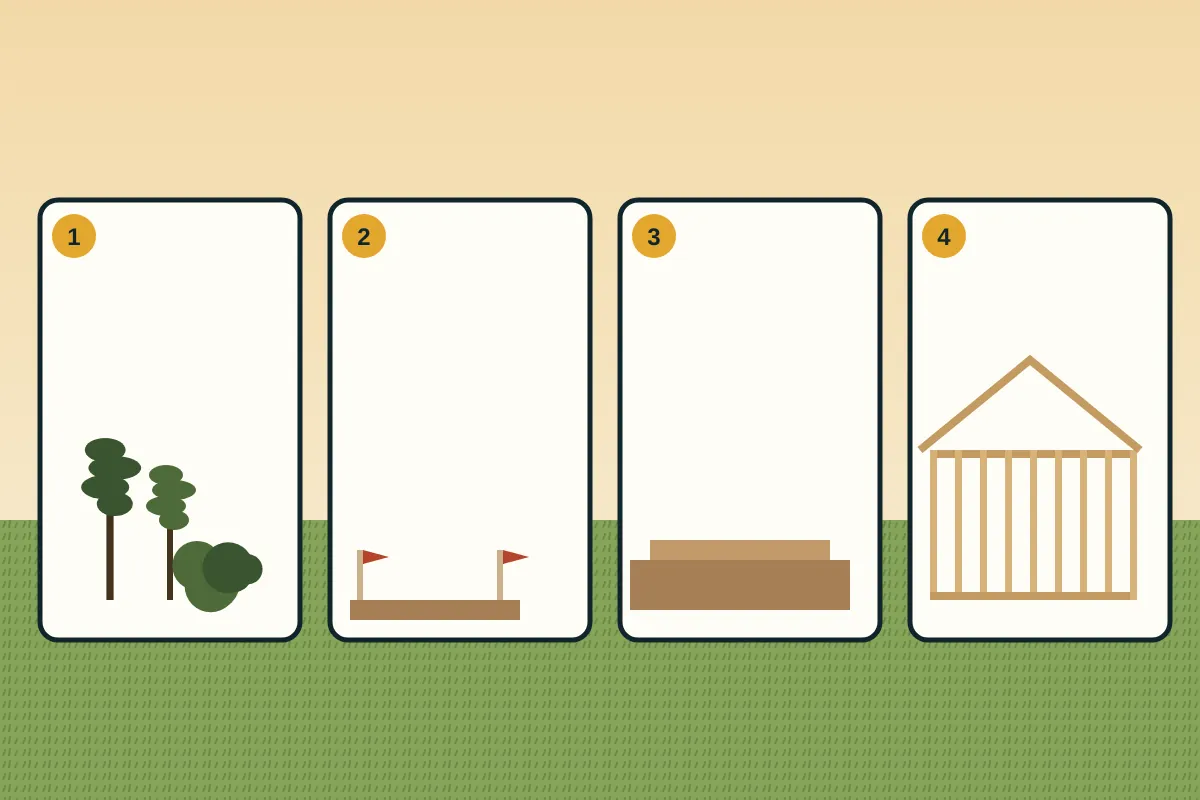 Steps from a wooded lot to stakes, a cleared pad and a house frame