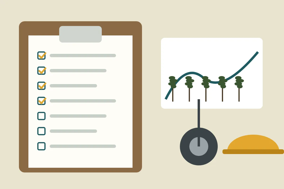 A clipboard estimate beside a measuring wheel, a hard hat and a map of a wooded tract