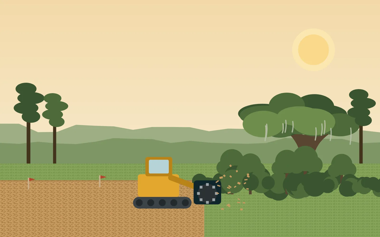 A tracked mulching machine clearing brush beside live oaks, with a cleared lot behind it