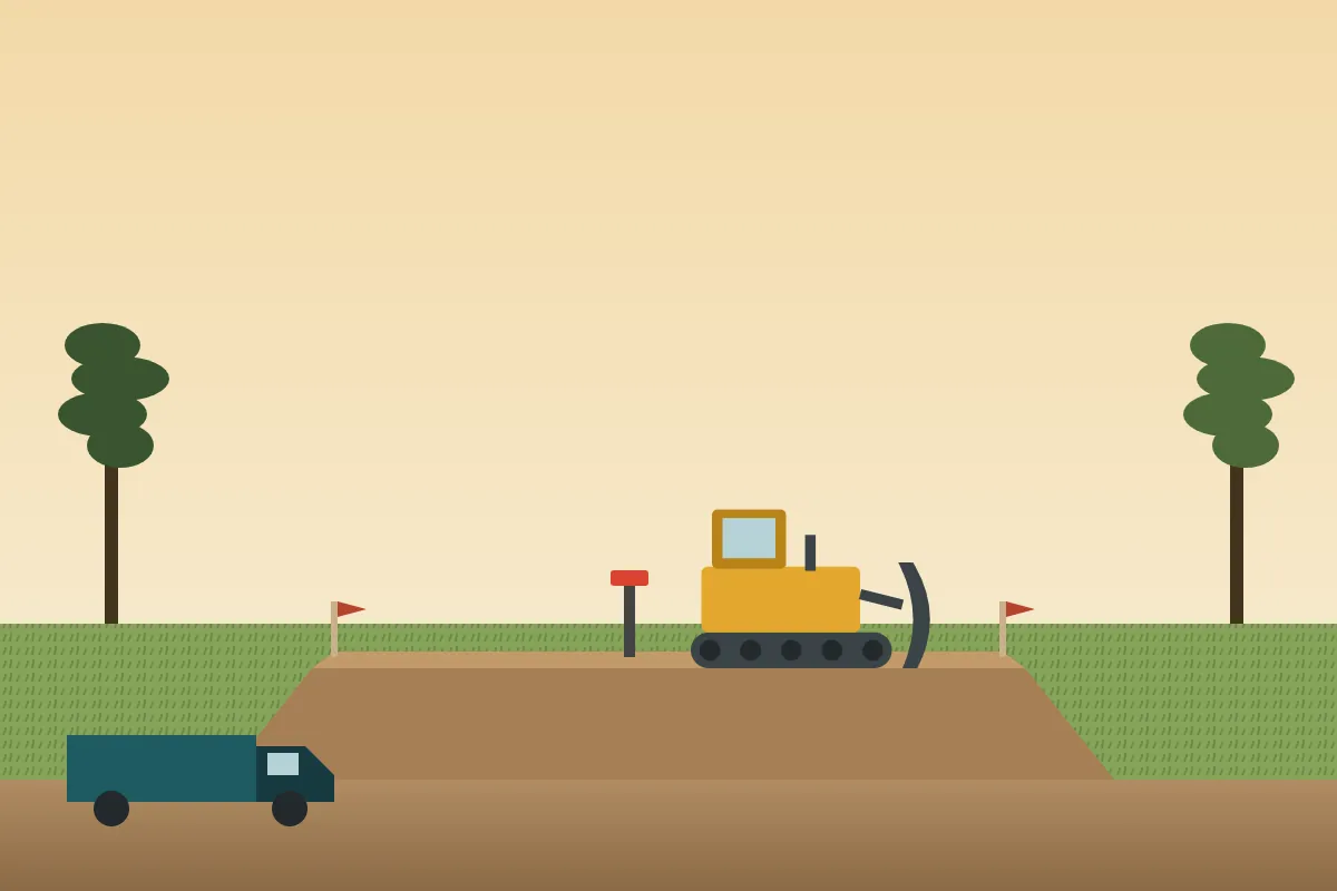 A small dozer smoothing a cleared building pad with fill dirt and a laser stake
